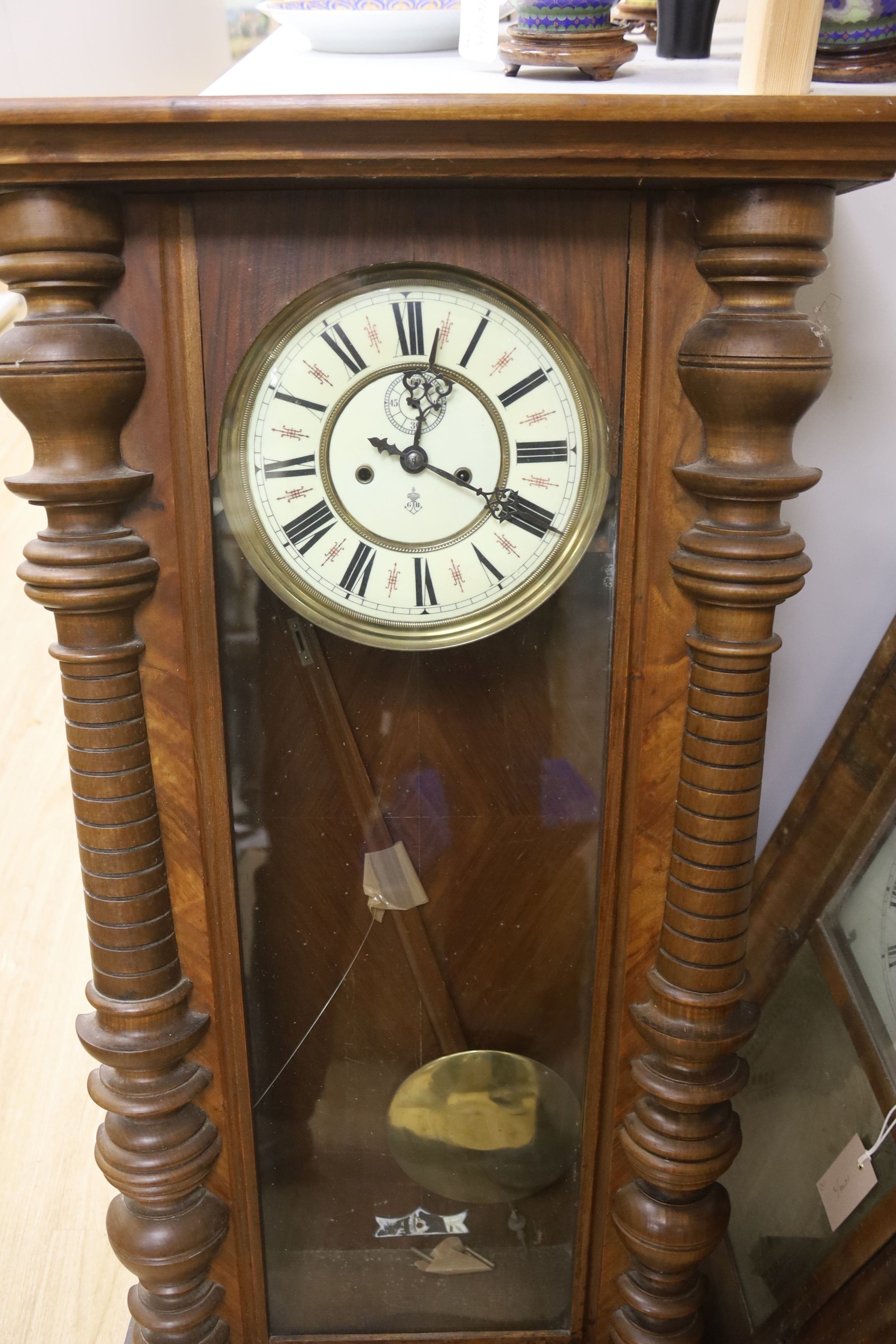 A Conneticut shelf clock and one other wall clock and plated shelf, tallest 94cm